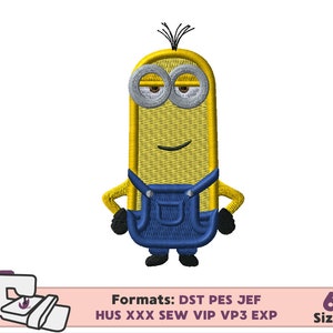May include: A yellow and blue cartoon minion character with a single eye and a mischievous smile. The minion is wearing blue overalls and black shoes. The image is a digital embroidery design available in six sizes and multiple formats, including DST, PES, JEF, HUS, XXX, SEW, VIP, VP3, and EXP.