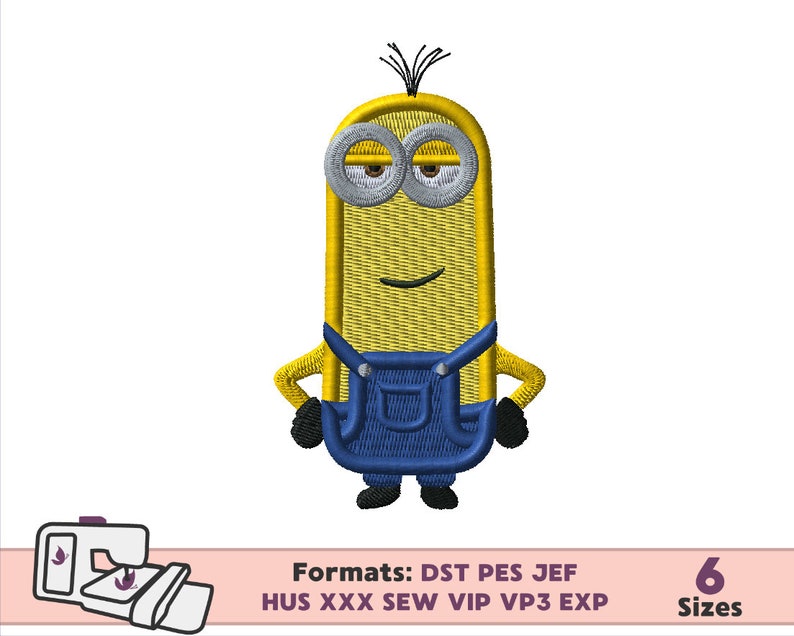 May include: A yellow and blue cartoon minion character with a single eye and a mischievous smile. The minion is wearing blue overalls and black shoes. The image is a digital embroidery design available in six sizes and multiple formats, including DST, PES, JEF, HUS, XXX, SEW, VIP, VP3, and EXP.