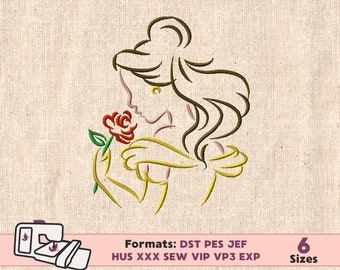 PRINCESS EMBROIDERY DESIGN, belle princess machine embroidery design, Beauty and the Beast embroidery design, princess belle embroidery rose