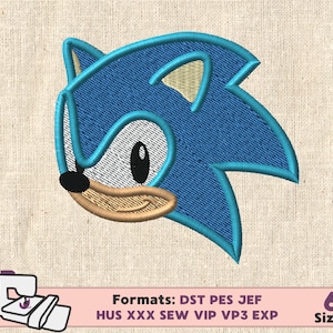 May include: Blue and beige embroidered design of Sonic the Hedgehog's head. The design is on a beige fabric background. Formats: DST PES JEF HUS XXX SEW VIP VP3 EXP. 6 Sizes.
