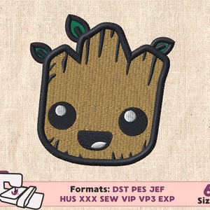 May include: A brown and green cartoon character with a smiling face and large eyes. The character is a stylized version of the character Groot from the Marvel Cinematic Universe. The image includes the text "Formats: DST PES JEF HUS XXX SEW VIP VP3 EXP" and "6 Sizes".