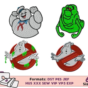 Puede incluir: Cuatro diseños de bordado con personajes de la película Ghostbusters. Los diseños incluyen un fantasma verde, un fantasma blanco con un gorro de marinero y dos versiones del logotipo de Ghostbusters con un fantasma blanco dentro de un círculo rojo con una línea diagonal a través de él.