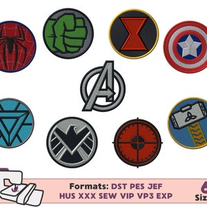May include: Set of 9 embroidered iron-on patches featuring Marvel superhero logos, including Iron Man, Captain America, Thor, Hulk, Black Widow, Spider-Man, Hawkeye, and the Avengers logo. The patches are in various colors, including red, blue, green, yellow, and black. The patches are designed for use on clothing, bags, and other fabric items. Formats: DST PES JEF HUS XXX SEW VIP VP3 EXP. 6 Sizes.