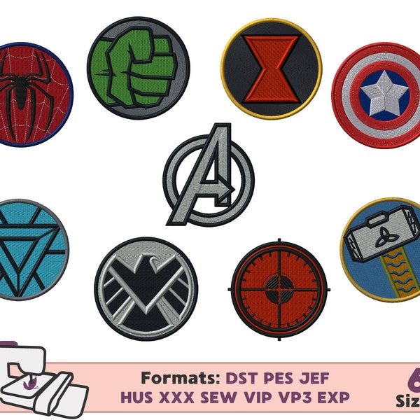 AVENGERS SUPERHERO EMBROIDERY design, hulk spiderman ironman thor captain america hawkeye shield black widow superhero embroidery design