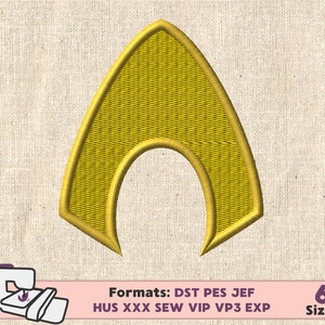 May include: Gold embroidered patch of the Aquaman symbol, a trident-shaped logo. The patch is on a beige fabric background. Formats: DST PES JEF HUS XXX SEW VIP VP3 EXP. 6 Sizes.