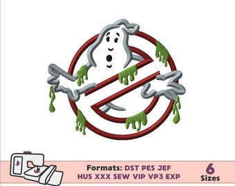 Może przedstawiać: Haftowany wzór logo Ghostbusters z duchem w środku. Duch jest biały z czerwonymi ustami i zieloną śluzą, która z niego kapie. Logo jest czerwone z przekreśloną przekątną linią. Tło jest białe.