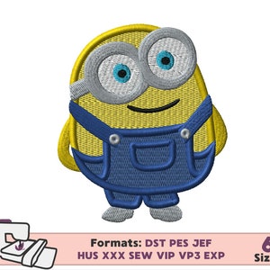 May include: A yellow minion cartoon character with blue overalls and a big smile. The minion is wearing goggles and has large eyes. The image is an embroidery design available in 6 sizes. Formats: DST PES JEF HUS XXX SEW VIP VP3 EXP