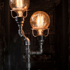 Large Double Stem Steampunk Industrial Hand Crafted Table Lamp