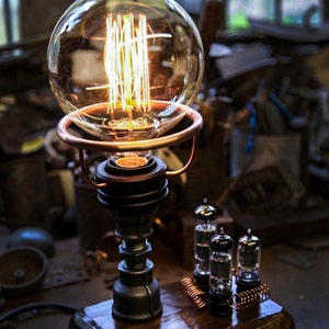 Handcrafted Steampunk/Industrial table lamp with Electrical Valve detail