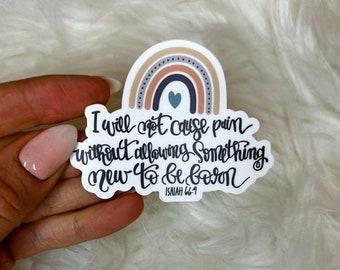 May include: A sticker with a rainbow design and the text "I will not cause pain without allowing something new to be born" with the scripture reference "ISAIAH 66:9".