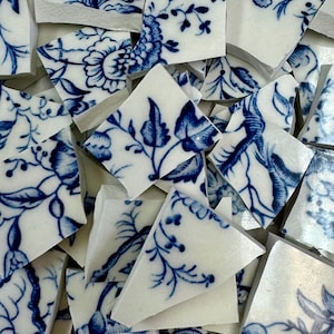 May include: A collection of broken ceramic tiles with a blue and white floral pattern. The fragments vary in size and shape, displaying intricate botanical designs. The pieces are scattered, revealing the fractured nature of the material.