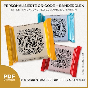 May include: Six colourful chocolate bar wrappers with a QR code, floral design, and text in German. The text on the wrappers reads "Bewertet Sie uns!" and "Guten Appetit!" The wrappers are designed to fit Ritter Sport-Mini chocolate bars.