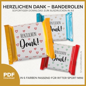Thank you banderoles for Ritter Sport Thank you gift for guests friends & family as PDF download|Chocolate banderoles Thank you gift