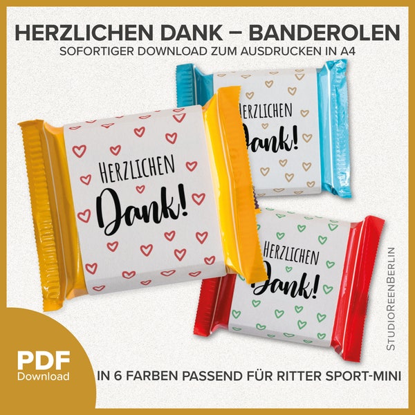 Thank you banderoles for Ritter Sport Thank you gift for guests friends & family as PDF download|Chocolate banderoles Thank you gift