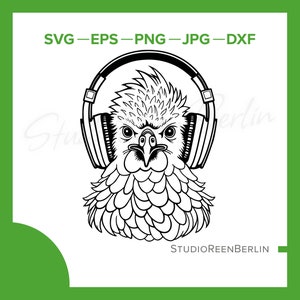 Könnte beinhalten: Schwarz-weiß-Linienzeichnung eines Vogels mit Kopfhörern. Der Vogel hat einen grimmigen Ausdruck und blickt direkt auf den Betrachter. Der Text "STUDIOREENBERLIN" befindet sich unterhalb des Bildes.