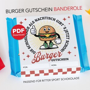 May include: A blue and white candy wrapper with a cartoon burger character giving a thumbs up. The wrapper has text in German, including "Burger Gutschein" and "PDF Download". The bottom has a red and white checkered pattern.