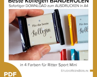 Ritter Sport Banderolen als Geschenk für Arbeits-Kollegin & Kollege als digitaler download, Schokoladen Geschenk für Arbeitskollegen als pdf