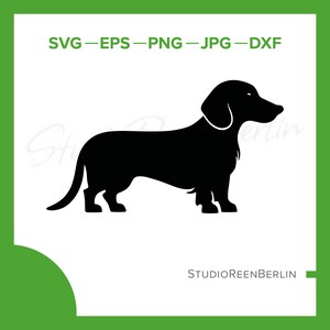 May include: Black silhouette of a dachshund dog standing on a white background. The text "SVG - EPS - PNG - JPG - DXF" is above the dog and the text "STUDIOREENBERLIN" is below the dog.