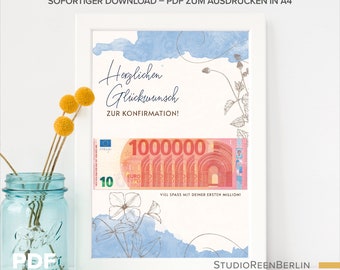 Pengapresentaffisch för konfirmation - Ladda ner och skriv ut (A4) | Konfirmationspresent nedladdning | Sista minuten-konfirmationspresent PDF för utskrift