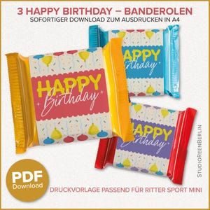 May include: Three colorful candy bar wrappers with "Happy Birthday" text. The wrappers are in yellow, blue, and red, with confetti and balloon designs. The text "PDF Download" is also visible.