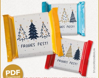 May include: Three wrapped candy bars with Christmas tree designs and the German text "FROHES FEST!". The wrappers are in yellow, blue, and red. The image also includes the text "PDF Download".