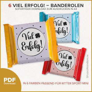 Könnte beinhalten: Verschiedene bunte Schokoriegelverpackungen mit dem Text "Viel Erfolg!" und einem Kleeblatt-Design. Die Verpackungen sind in verschiedenen Farben erhältlich, darunter Gelb, Blau, Rosa und Rot. Der Text "PDF Download" ist ebenfalls sichtbar.