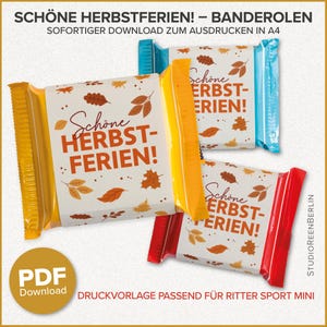 Pode incluir: Três embalagens de barras de chocolate com o texto "Schöne Herbstferien!" e ilustrações de folhas de outono. As embalagens são amarelas, vermelhas e azuis, com um fundo branco. A imagem também inclui um ícone de download PDF.