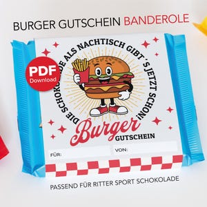 May include: A blue and white chocolate bar wrapper with a cartoon burger holding fries. The wrapper has the words "BURGER GUTSCHEIN BANDEROLE" and "Burger GUTSCHEIN" printed on it. The wrapper is designed to fit Ritter Sport chocolate.