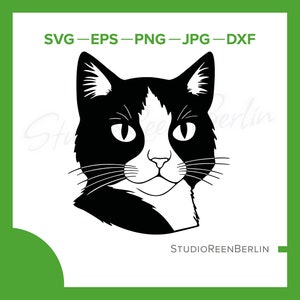 May include: Black and white silhouette of a cat's head with a white patch on its chest. The cat is looking directly at the viewer with a serious expression.