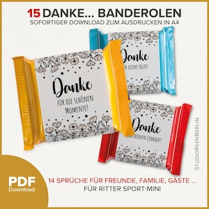 Banderoles for Ritter Sport as a thank you gift for guests, friends & family PDF Download|Chocolate banderoles thank you gift to print