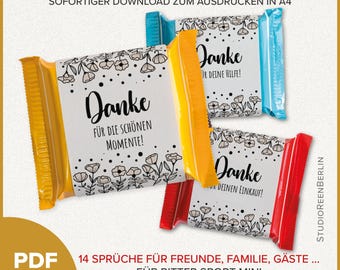 Op de afbeelding: Een set van 15 printbare bedankkaartjes met een bloemenmotief en de tekst "Danke" in het zwart. De kaartjes zijn ontworpen voor gebruik met Ritter Sport mini-chocolade. De kaartjes zijn beschikbaar als PDF-download.