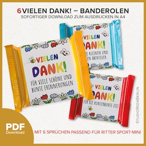 Könnte beinhalten: Drei farbenfrohe Süßigkeitenverpackungen mit dem Aufdruck "VIELEN DANK!". Die Verpackungen sind gelb, blau und rot und weisen Blumen- und Schmetterlingsmotive auf. Der Text "PDF Download" ist ebenfalls sichtbar.