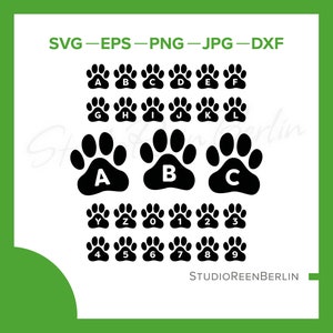 Könnte beinhalten: Schwarz-weiße Pfotenabdruck-Designs mit den Buchstaben A bis L und den Zahlen 0 bis 9. Die Pfotenabdrücke sind in einer schwarzen Silhouette mit weißen Buchstaben und Zahlen darin. Der Text "SVG-EPS-PNG-JPG-DXF" und "STUDIOREENBERLIN" sind ebenfalls im Bild enthalten.