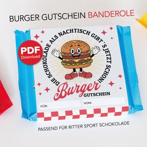 May include: A blue and white candy bar wrapper with the text "BURGER GUTSCHEIN BANDEROLE". The wrapper features a cartoon burger character and the words "Burger GUTSCHEIN". Includes a red "PDF Download" button.