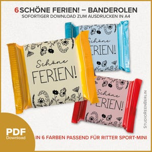 Könnte beinhalten: Bunte Schokoriegel-Verpackungen mit dem Text "Schöne Ferien!" in Schwarz und floralen Illustrationen. Die Verpackungen sind in Gelb, Blau, Rosa und Rot erhältlich. Der Text "PDF Download" ist ebenfalls enthalten.