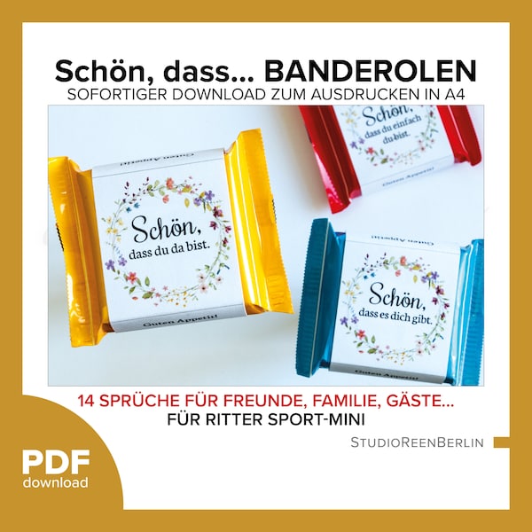 Ritter Sport Banderolen als Geschenk für Gäste, Freunde und Familie als digitaler Download, Schokoladen Banderolen als Geschenk pdf Download