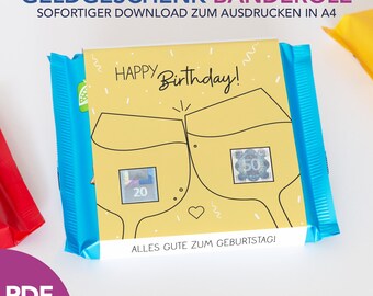 Birthday cash gift with chocolate wrappers for Ritter Sport PDF printable template | Last-minute cash gift packaging