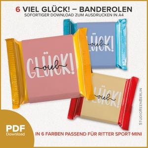 Könnte beinhalten: Bild von bunten Schokoriegel-Verpackungen mit dem Text "Viel Glück!" in weißer Schrift. Die Verpackungen sind in Rosa, Blau, Gelb und Beige gehalten, mit dem Text "PDF Download" in der unteren linken Ecke.