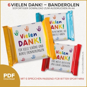 Könnte beinhalten: Drei bunte Schokoriegel-Verpackungen mit dem Schriftzug "Vielen Dank!". Die Verpackungen sind gelb, blau und rot, mit verschiedenen Sätzen und Handabdruck-Designs. Das Bild enthält auch den Text "PDF Download".