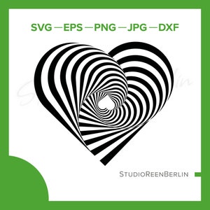 May include: Black and white heart-shaped design with a swirling, optical illusion pattern. The design is reminiscent of a tunnel or vortex.