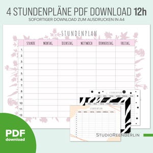 Pode incluir: Quatro modelos de horários imprimíveis em formato PDF. Os modelos são projetados para um dia de 12 horas e incluem colunas de segunda a sexta-feira. Os modelos apresentam um esquema de cores rosa e branco com detalhes florais.