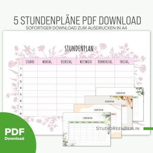 Puede incluir: Cinco plantillas de horario semanal imprimibles en PDF con bordes florales. Cada plantilla tiene una columna para cada día de la semana: lunes, martes, miércoles, jueves y viernes. Las plantillas están etiquetadas como "Stundenplan", que en alemán significa "horario".