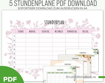 Stundenplan Download zum Ausdrucken & digital, 5Stundenpläne für die Schule, Stundenplan mit Blumen Hintergrund, Stundenpläne für Erwachsene