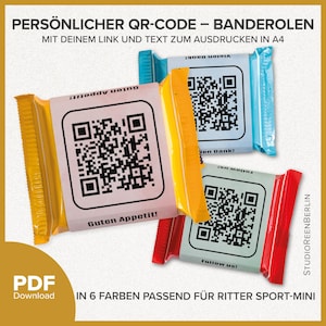 May include: Six colourful chocolate bar wrappers with QR codes and text. The wrappers are yellow, blue, green, red, pink, and orange. The text on the wrappers reads "Guten Appetit!" "Vielen Dank!" and "Follow us!" The wrappers are designed for Ritter Sport-Mini chocolate bars.