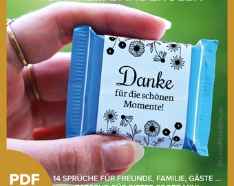Op de afbeelding: Een blauwe chocoladeverpakking met een wit label waarop "Danke für die schönen Momente!" staat met zwarte bloemmotieven. De verpakking wordt vastgehouden door een hand. De tekst "15 DANKE... BANDEROLEN" staat bovenaan de afbeelding. De tekst "14 SPRÜCHE FÜR FREUNDE, FAMILIE, GÄSTE... PASSEND FÜR RITTER SPORT-MINI" staat onderaan de afbeelding.