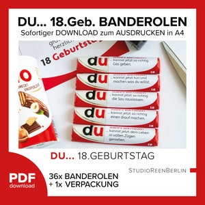 May include: A set of five red and white candy bar wrappers with the word "du" and the text "Happy Birthday!" printed on them. The wrappers are stacked on top of each other and have a white background. The text on the wrappers says "...kannst jetzt so richtig Gas geben." "...kannst jetzt tun und machen was du willst." "...kannst jetzt so richtig die Sau rauslassen." "...kannst jetzt so richtig einen drauf machen." "...kannst jetzt dein Leben in vollen Zügen genießen."