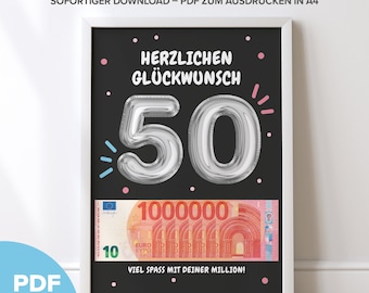 Regalo de dinero para tu 50.º cumpleaños (PDF para imprimir, A4) | Regalo de última hora para tu 50.º cumpleaños | Idea de regalo para tu 50.º cumpleaños (PDF)