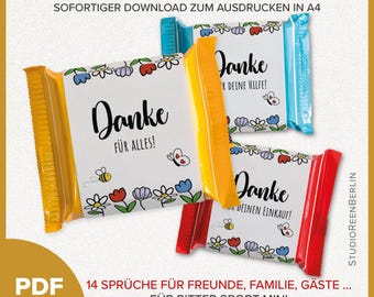 Op de afbeelding: Drie kleurrijke snoepreepverpakkingen in geel, blauw en rood met het woord "Danke" en bloemen- en insectenillustraties. De tekst bevat "Danke für alles!" en "Danke für deinen Einkauf!" voor Ritter Sport-Mini.