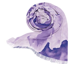 Fringed Lightweight Scarf (Watercolor Floral - Lavender/Purple/White)