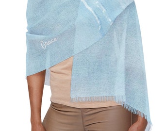 Fringed Lightweight Scarf (Grace: Watercolor Beach - Shades of Blue and White)